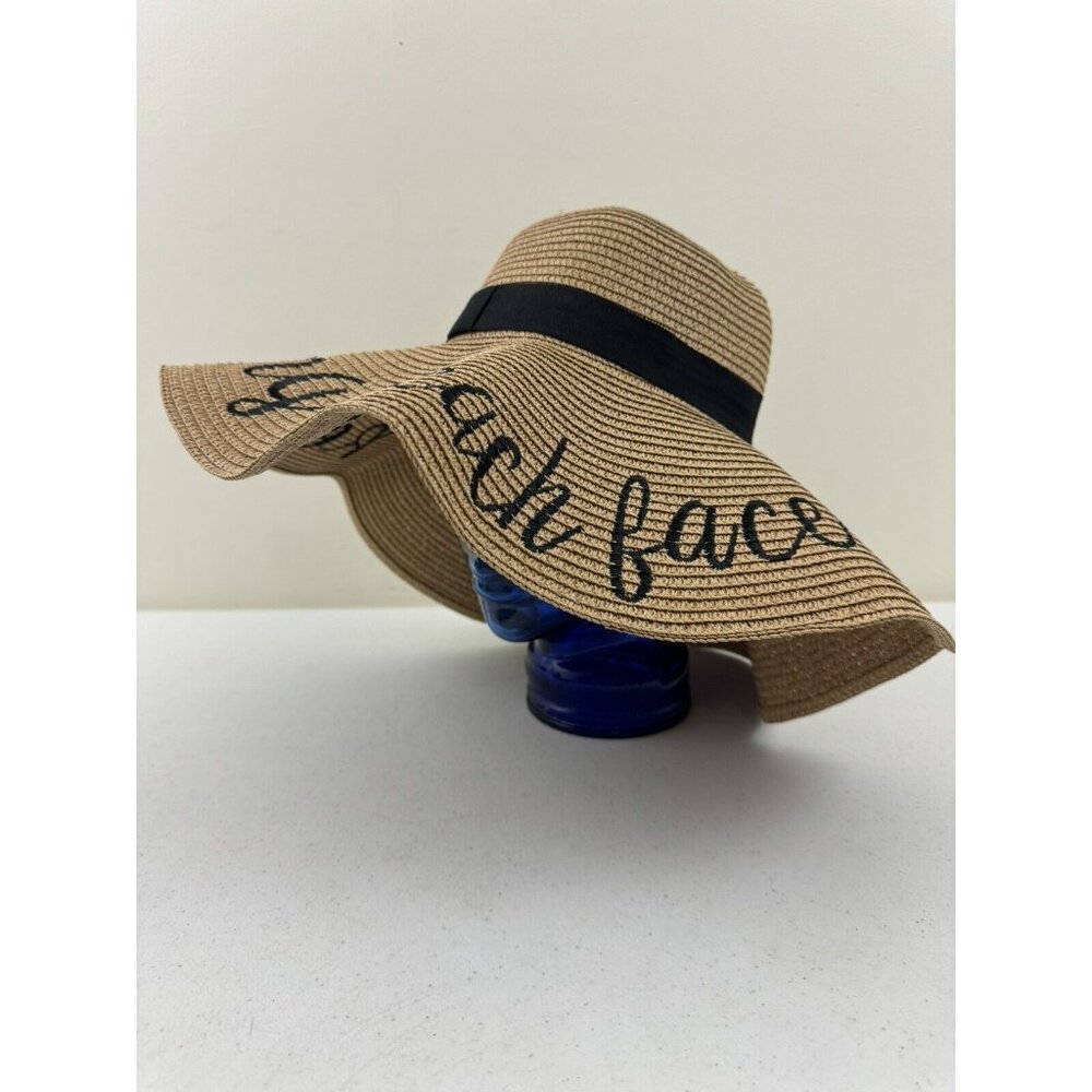 Resting Beach Face Floppy Oversized Straw Sun Hat Black Ribbon One Size Tan